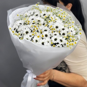 Букет "Понарошку" из хризантем сантини и ромашек в Мытищах