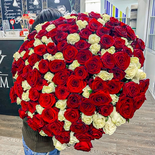 Букет 151 роза красный и белый микс (60 см) в Мытищах